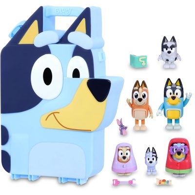 Mochila infantil azul em forma de cachorro com figuras de personagens animais