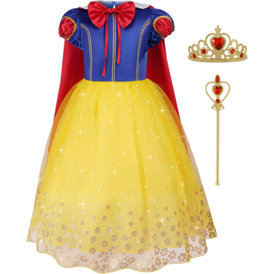 Vestido infantil de princesa azul, amarelo e vermelho com coroa e cetro dourados