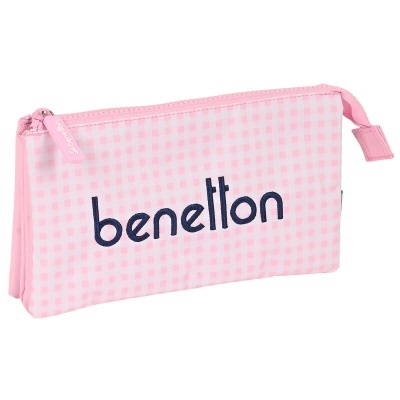 Estojo escolar rosa claro com padrão xadrez e logótipo benetton azul