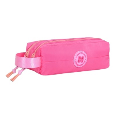 Estojo retangular cor-de-rosa com fechos duplos cor-de-rosa claro e selo redondo com texto