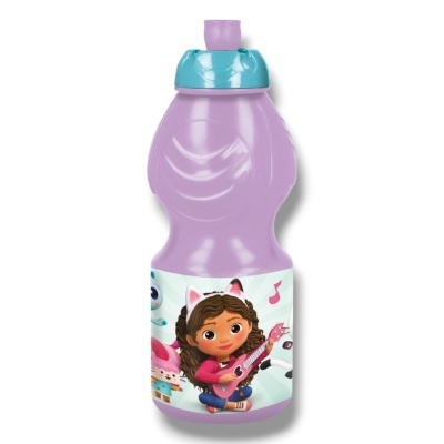 Garrafa desportiva lilás com tampa azul e imagem animada na faixa branca