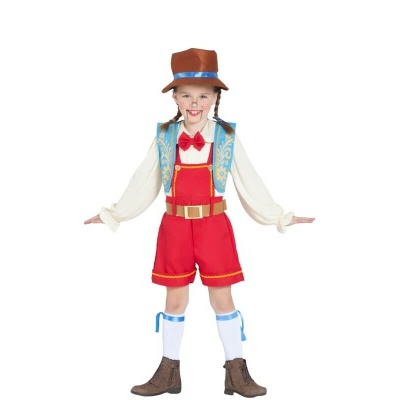 Fantasia infantil colorida com chapéu castanho e colete azul