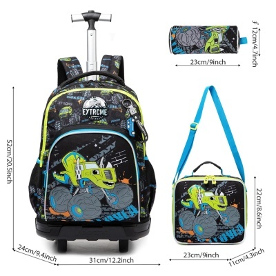 Conjunto infantil de mochila de rodas, lancheira e estojo com estampado de camião monstruoso verde