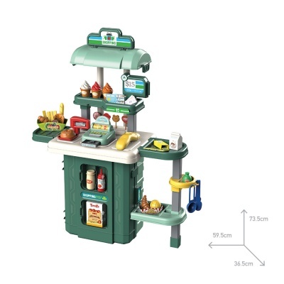 Brinquedo de supermercado com caixa registadora e alimentos de plástico coloridos