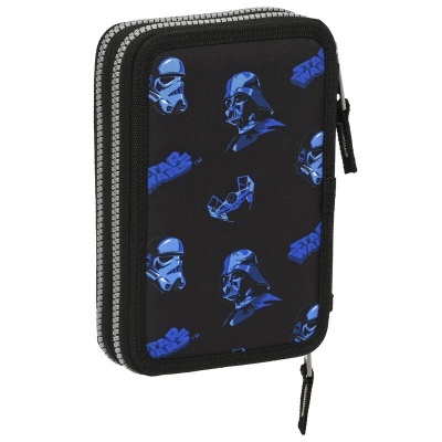 Estojo duplo preto com padrão azul de personagens Star Wars e fechos éclair cinzentos