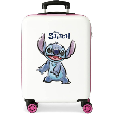 Mala de viagem infantil branca com estampa Stitch da Disney e bordas rosa