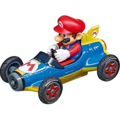 Figura do Mario em kart azul e amarelo com detalhes vermelhos