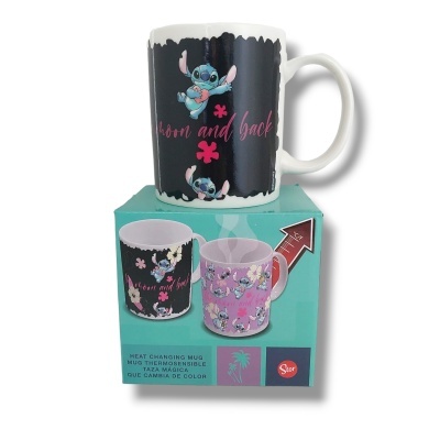Caneca de cerâmica branca com desenhos de Stitch e texto e caixa para mudança de cor