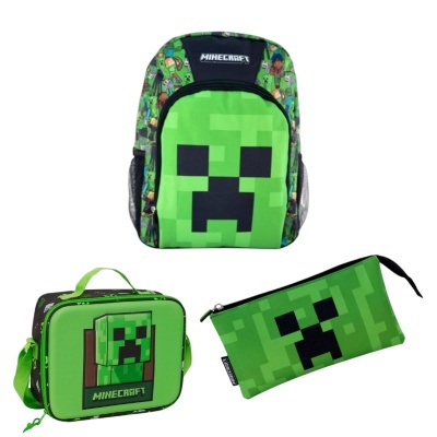 Conjunto de mochila, lunch box e estojo com tema Minecraft e padrão Creeper em verde e preto.