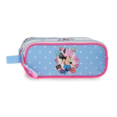 Estojo azul com bolinhas brancas e bordas rosa com ilustração da Minnie Mouse e flores