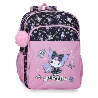 Mochila rosa e preta com personagem Kuromi e chaveiro rosa felpudo