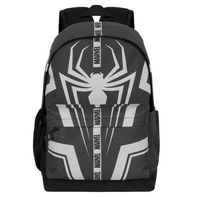 Mochila preta com símbolo branco do Homem-Aranha e texto MARVEL