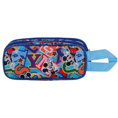Estojo escolar com padrão colorido do Mickey Mouse e letras