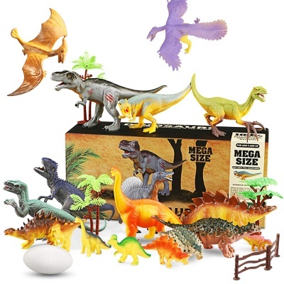 Conjunto de figuras de dinossauros coloridos em plástico com acessórios e caixa de papelão