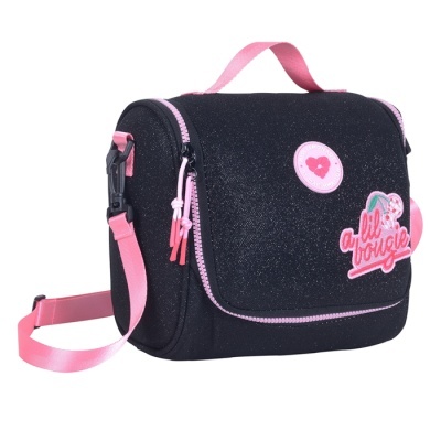 Bolsa térmica preta com detalhes e alças cor-de-rosa e aplicações textuais