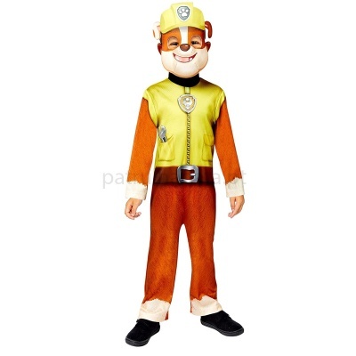 Fato de cão castanho com colete amarelo e máscara para criança