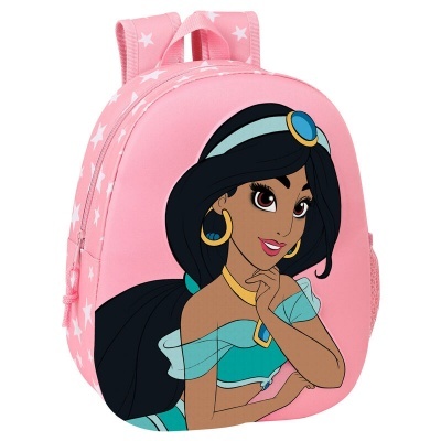 Mochila infantil rosa com imagem da princesa Jasmine e alças com estrelas brancas