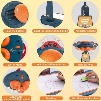 Instruções para brinquedo projetor de desenhos para crianças com desenho e apagar