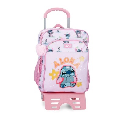 Mochila infantil rosa de rodas com imagem do Stitch e texto ALOHA