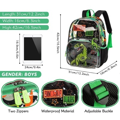 Mochila infantil com padrão de dinossauro e dimensões indicadas