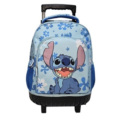 Mochila de rodas azul clara com o personagem Stitch e flores azuis