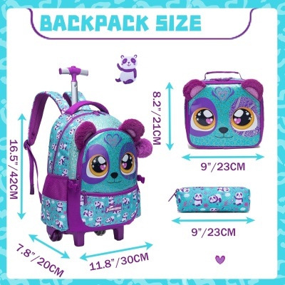 Mochila de rodinhas com estampa de panda azul e roxo, estojo e lancheira medidas