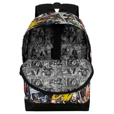 Mochila colorida com padrão de banda desenhada aberta mostrando interior em preto e branco