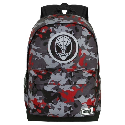 Mochila de camuflagem com logo do Homem-Aranha e etiqueta MARVEL
