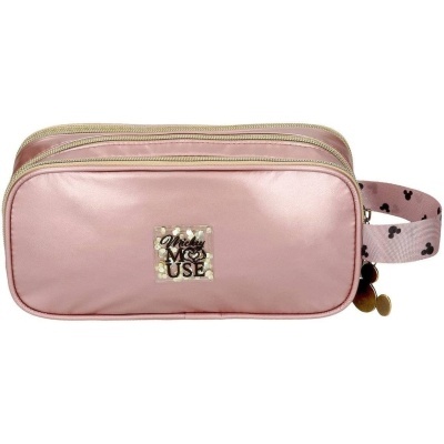 Estojo rosa retangular com alça estampada da Minnie e etiqueta metálica