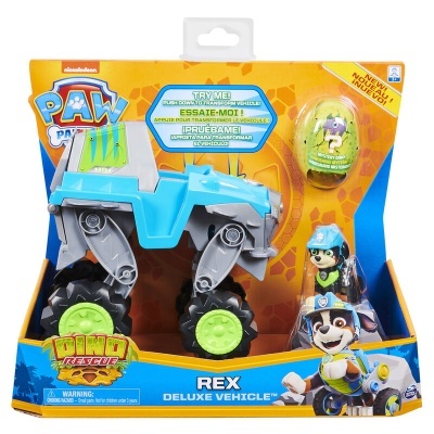 Veículo de brinquedo Rex azul e cinzento na caixa PAW PATROL