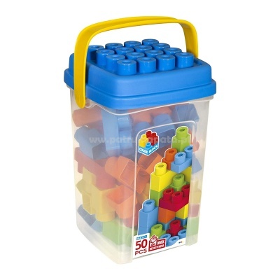 Contentor transparente com blocos de montar coloridos e tampa azul com pega amarela