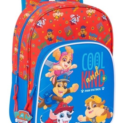 Mochila infantil azul e vermelha com personagens Paw Patrol e texto 'COOL KIND'.