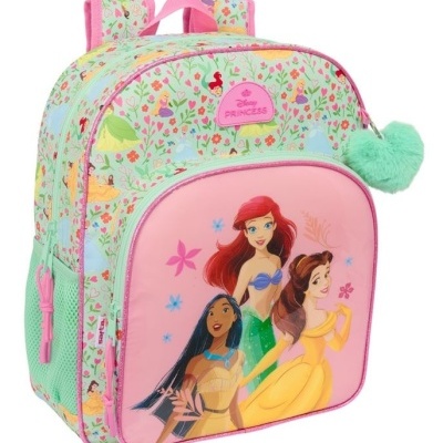 Mochila infantil com princesas da Disney e padrão floral colorido