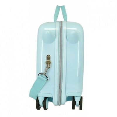 Mala rígida azul clara com rodas e alça de ombro