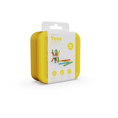 Estojo amarelo com brinquedo pick-up sticks e rótulo branco