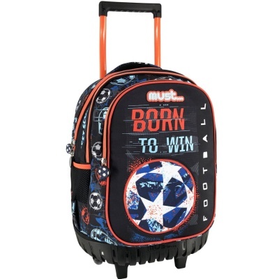 Mochila de rodinhas preta e laranja com padrão de bolas de futebol e texto 'BORN TO WIN'