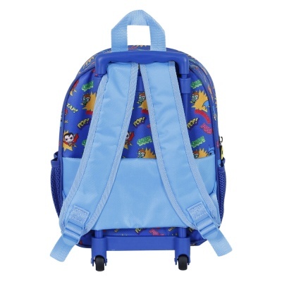 Mochila infantil azul com carrinho e estampado colorido
