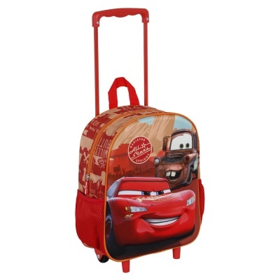 Mochila de criança vermelha com rodinhas e estampa do filme Cars