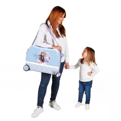 Mala de viagem azul clara com personagens Anna e Elsa de Frozen e texto Travel Journal