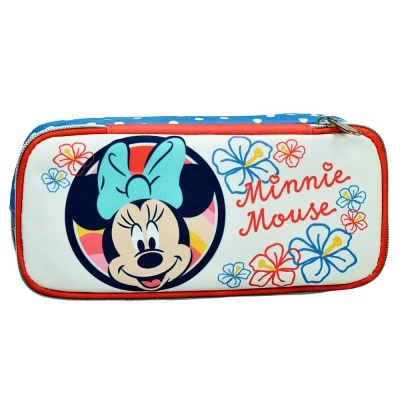 Estojo retangular branco com estampa da Minnie Mouse e flores coloridas
