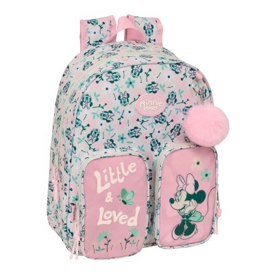 Mochila infantil cor-de-rosa com padrão de flores e imagens da Minnie Mouse