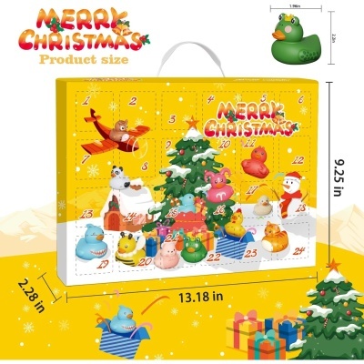 Caixa de calendário do advento amarela com desenhos de Natal e patinhos coloridos