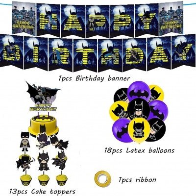 Conjunto de decoração de festa Batman com banner, balões, toppers para bolo e fita.