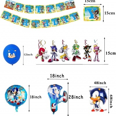 Decoração de festa Sonic com faixa HAPPY BIRTHDAY e balões temáticos