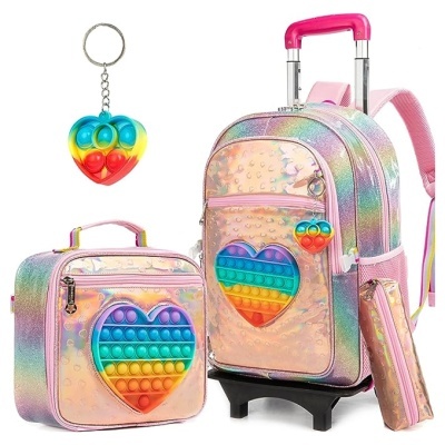 Mochila iridescente com coração tipo pop it colorido e conjunto com estojo e lancheira