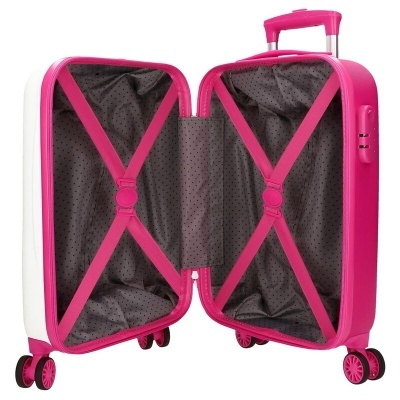 Mala de viagem cor-de-rosa aberta, mostrando interior com cintos em X e rodas duplas.