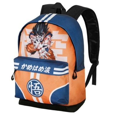 Mochila azul e laranja com estampa anime e texto japonês branco