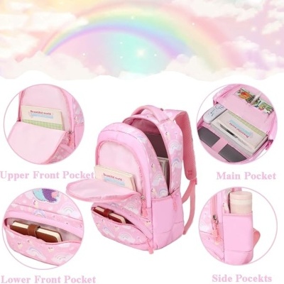 mochila escolar rosa com bolsos e padrão de unicórnios