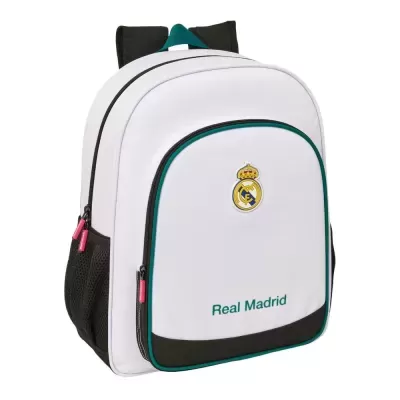 Mochila branca com logótipo do Real Madrid e texto Real Madrid