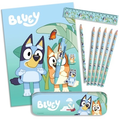 Conjunto escolar com personagens Bluey, incluindo lápis, régua e caderno